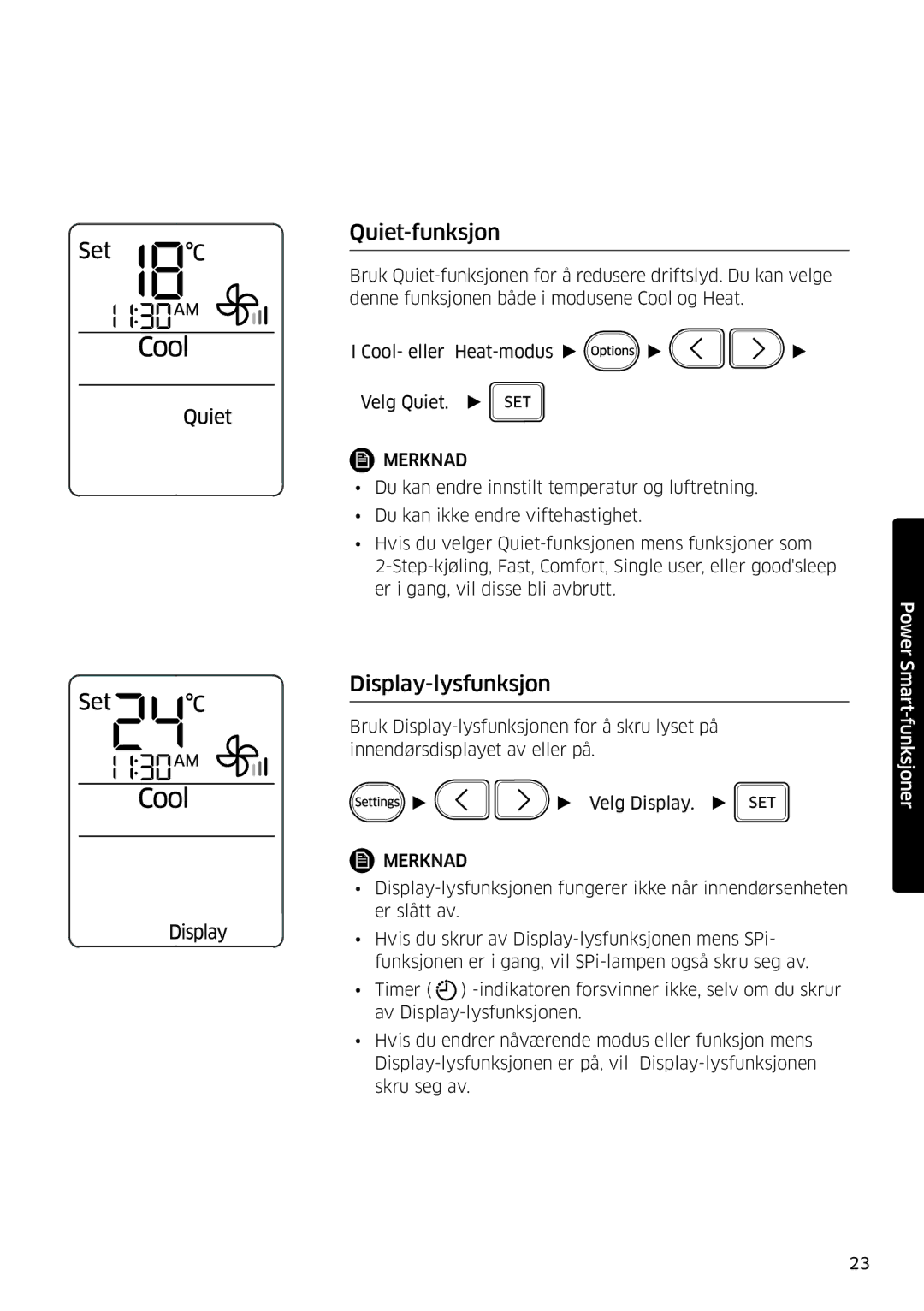 Samsung AR12MSPDPWKNEE, AR09MSPDPWKNEE manual Quiet-funksjon, Display-lysfunksjon 