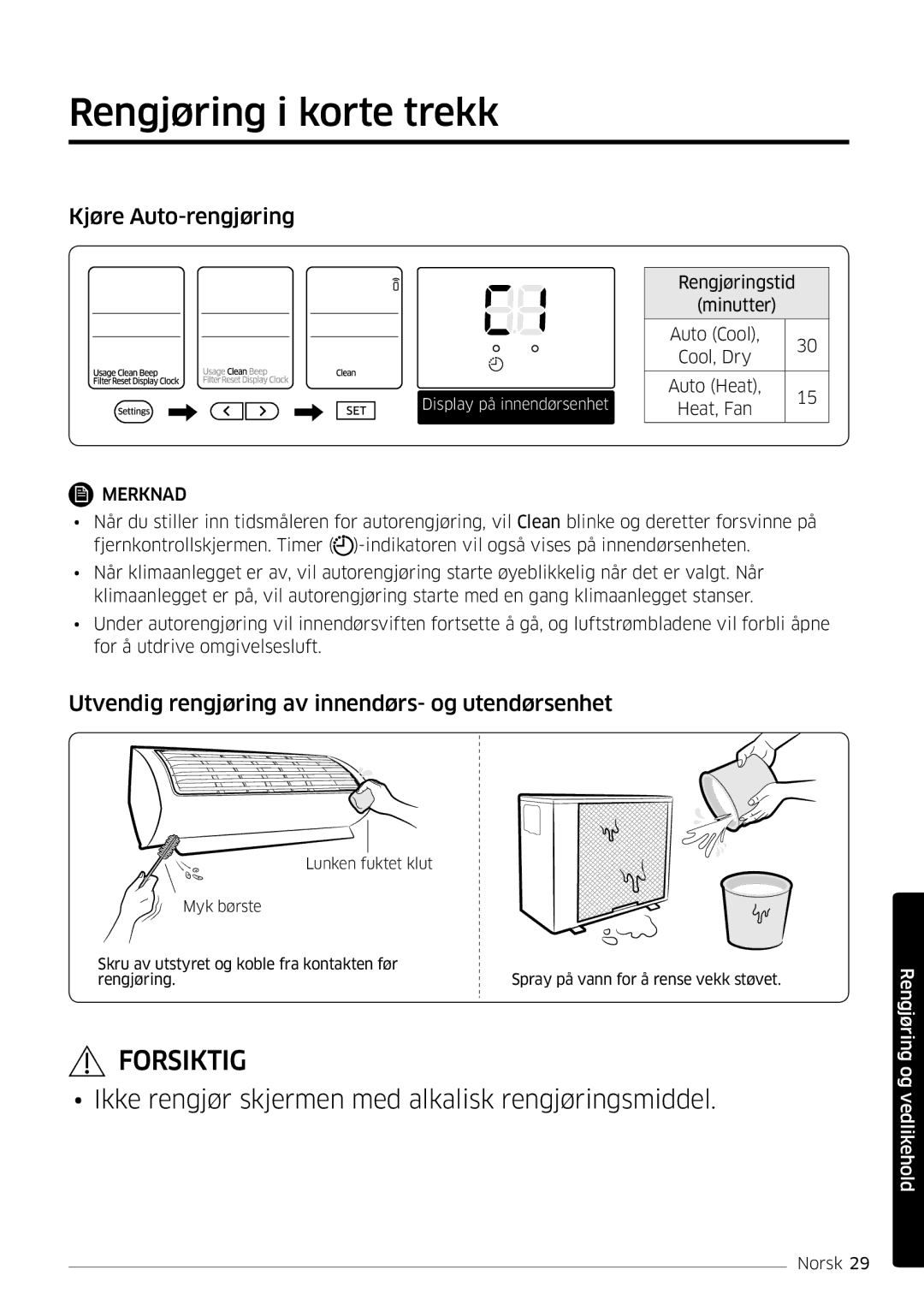 Samsung AR12MSPDPWKNEE Rengjøring i korte trekk, Kjøre Auto-rengjøring, Utvendig rengjøring av innendørs- og utendørsenhet 