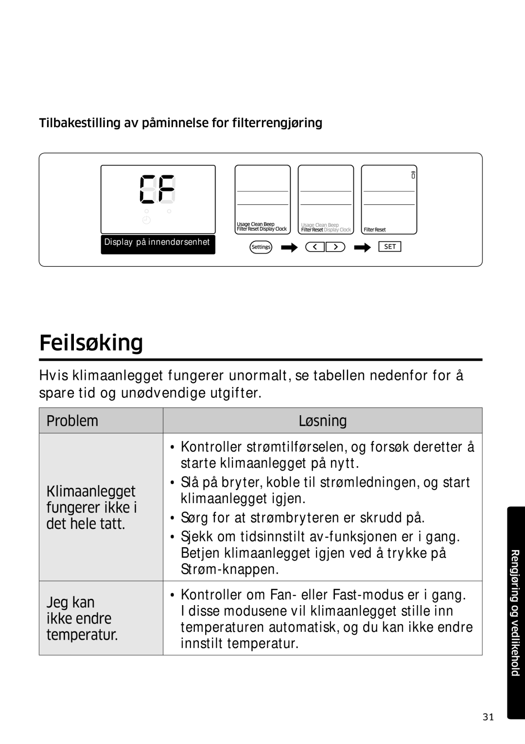 Samsung AR12MSPDPWKNEE, AR09MSPDPWKNEE manual Feilsøking, Tilbakestilling av påminnelse for filterrengjøring 