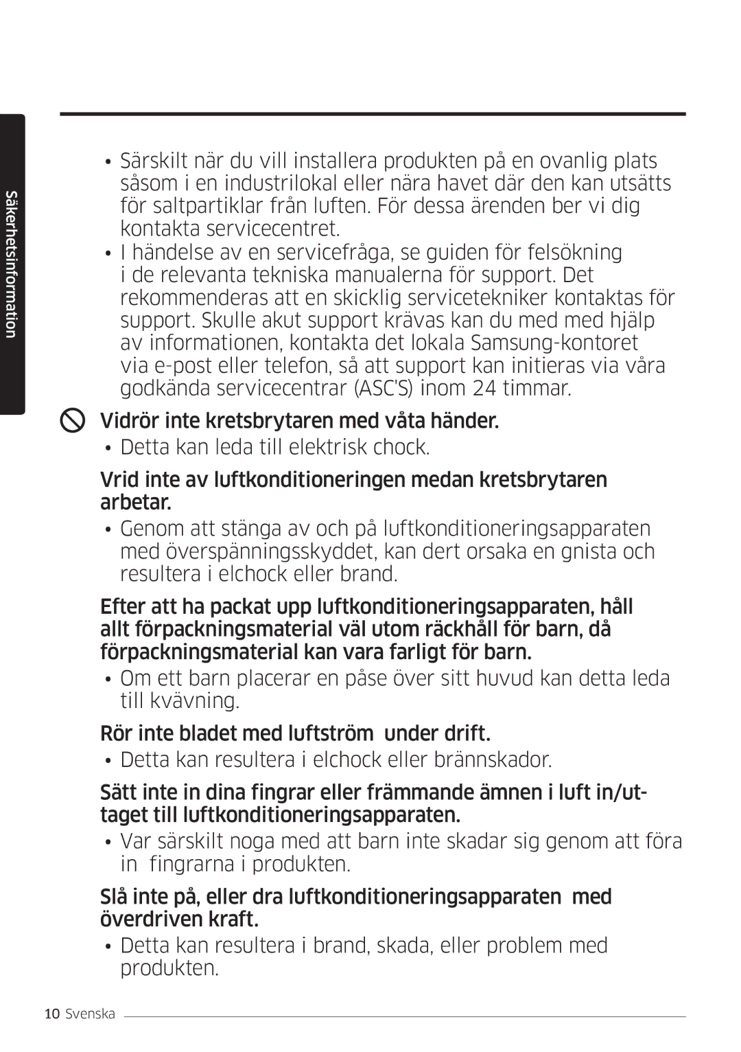 Samsung AR09MSPDPWKNEE, AR12MSPDPWKNEE manual Säkerhetsinformation 