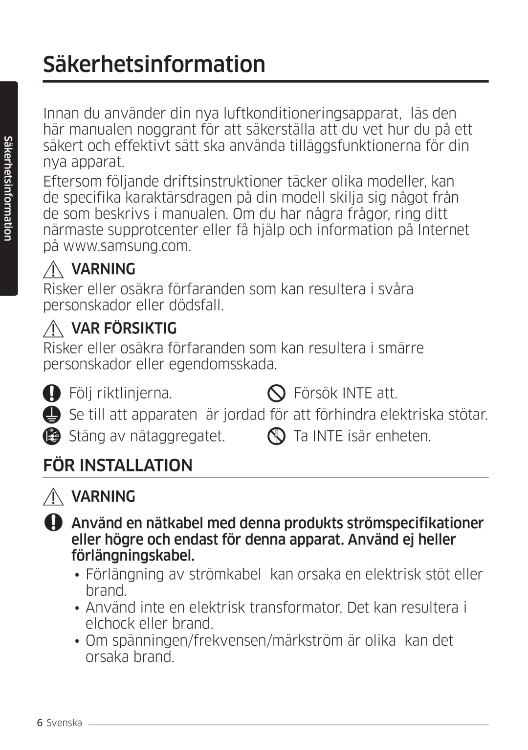 Samsung AR09MSPDPWKNEE, AR12MSPDPWKNEE manual Säkerhetsinformation, VAR Försiktig 