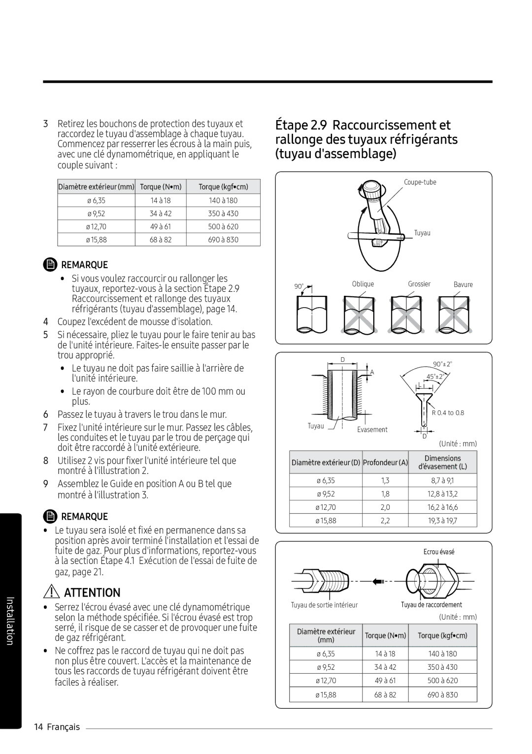 Samsung AR12MSPXASINEU Torque Nm Torque kgfcm 140 180 350 à, 49 à 500 620, 690 à, Tuyau Oblique, Tuyau Evasement, 500 à 