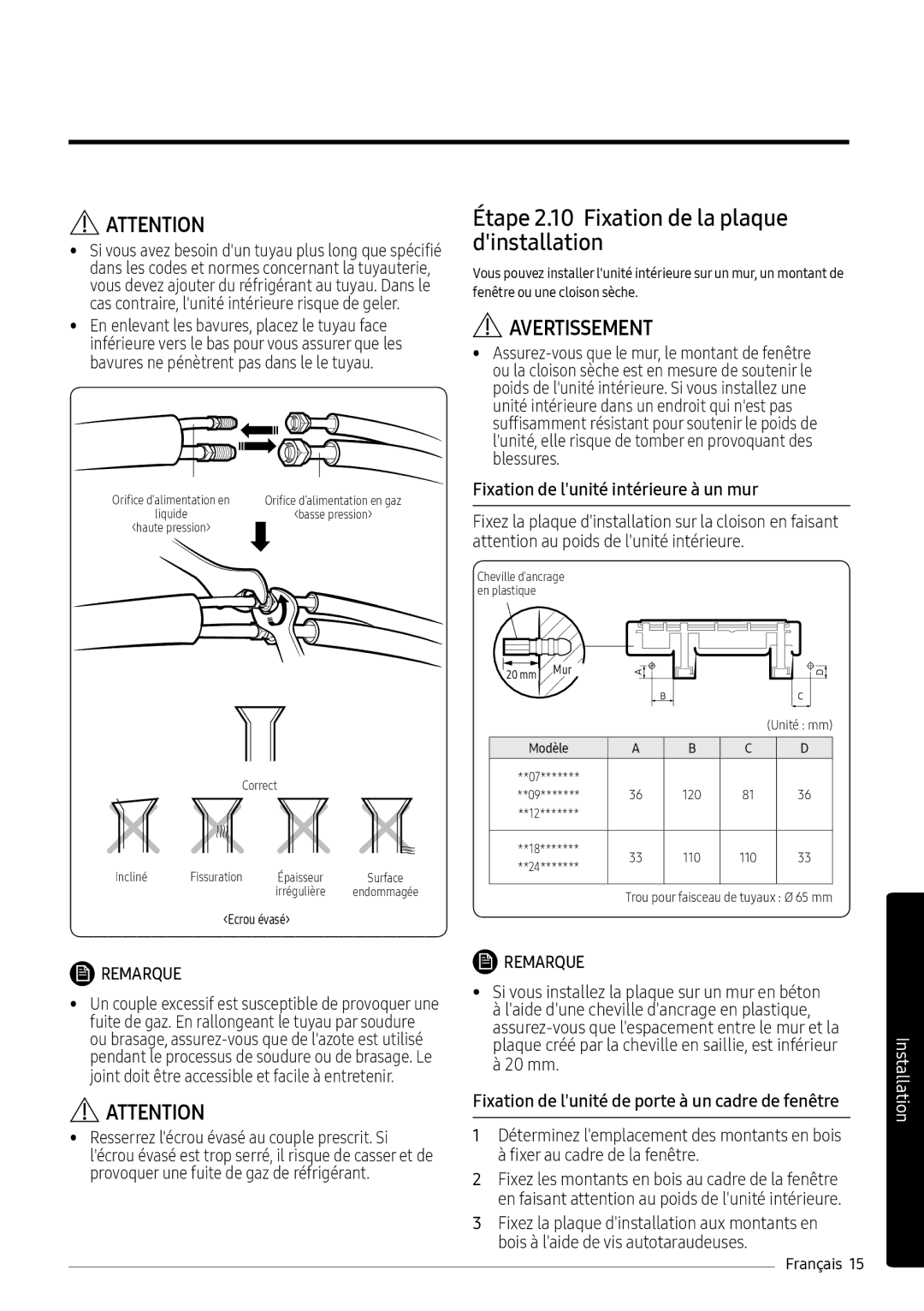 Samsung AR09MSPXASINEU manual Étape 2.10 Fixation de la plaque dinstallation, Fixation de lunité intérieure à un mur, 20 mm 