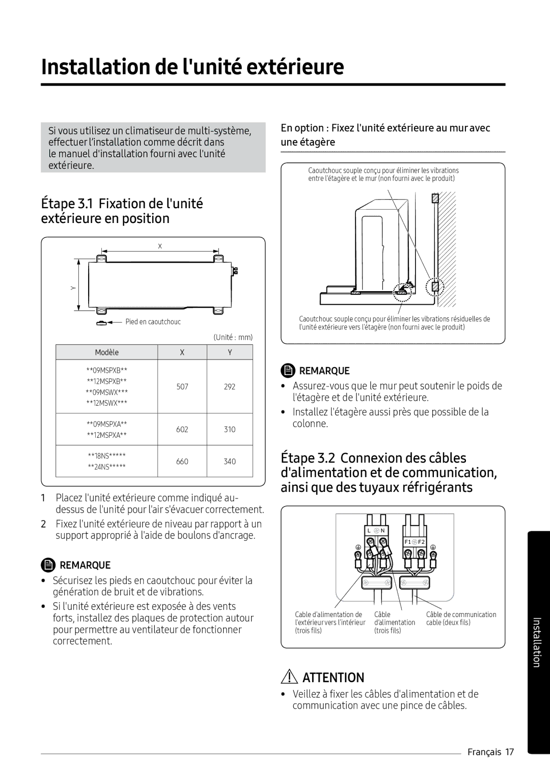 Samsung AR09MSPXBWKXEU manual Installation de lunité extérieure, Effectuer l’installation comme décrit dans, Une étagère 