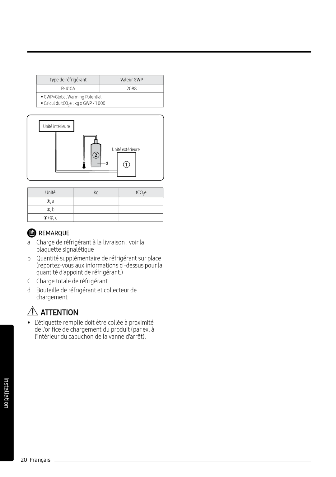 Samsung AR07MSPXBWKNEU, AR12MSPXASINEU, AR09MSPXASINEU, AR12MSPXBWKXEU, AR09MSPXBWKXEU Type de réfrigérant Valeur GWP, 2088 