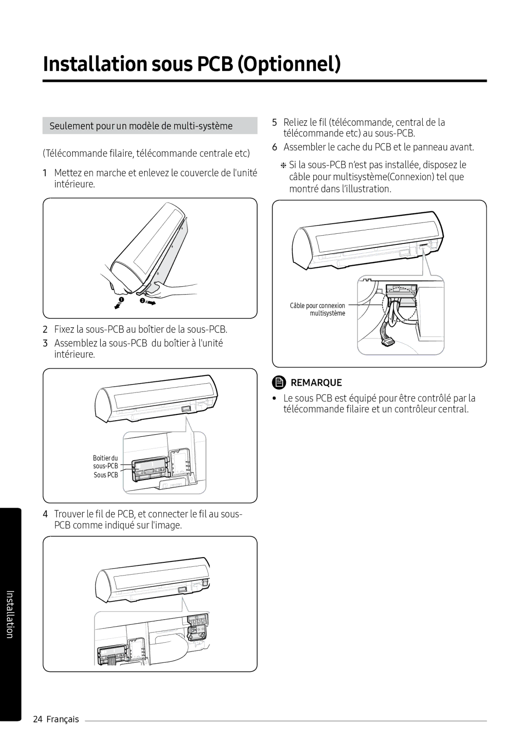 Samsung AR09MSPXBWKXEU, AR12MSPXASINEU manual Installation sous PCB Optionnel, Assembler le cache du PCB et le panneau avant 