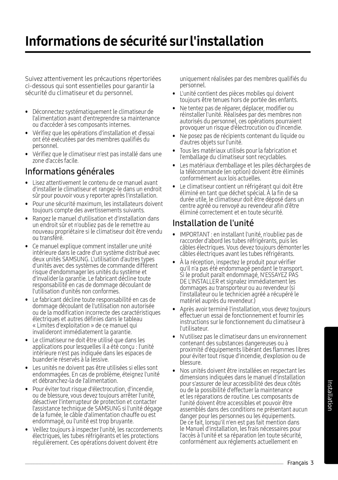 Samsung AR09MSPXBWKXEU, AR12MSPXASINEU, AR09MSPXASINEU, AR12MSPXBWKXEU manual Informations de sécurité sur linstallation 