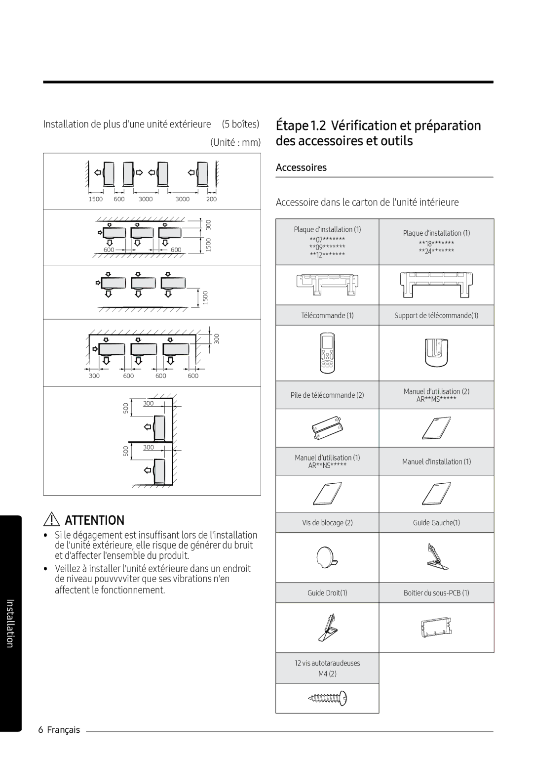 Samsung AR07MSPXBWKNEU, AR12MSPXASINEU, AR09MSPXASINEU manual Accessoires, Accessoire dans le carton de lunité intérieure 