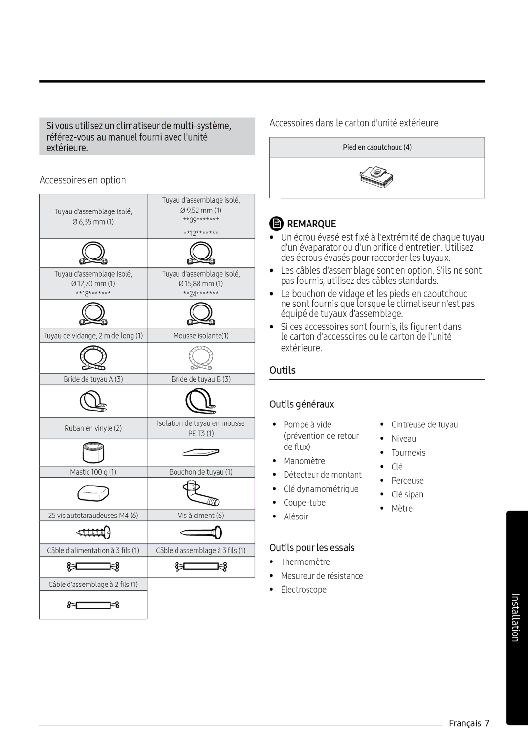 Samsung AR12MSPXASINEU manual Accessoires dans le carton dunité extérieure, Outils généraux, Outils pour les essais 