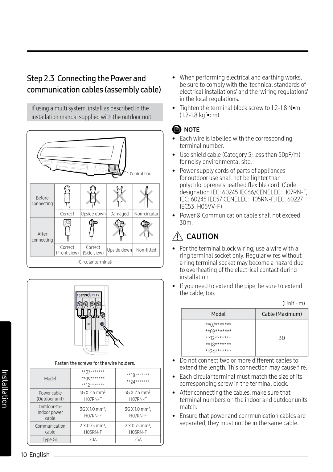 Samsung AR12MSWXBWKXEU, AR12MSPXASINEU, AR09MSPXASINEU manual Connecting the Power and communication cables assembly cable 