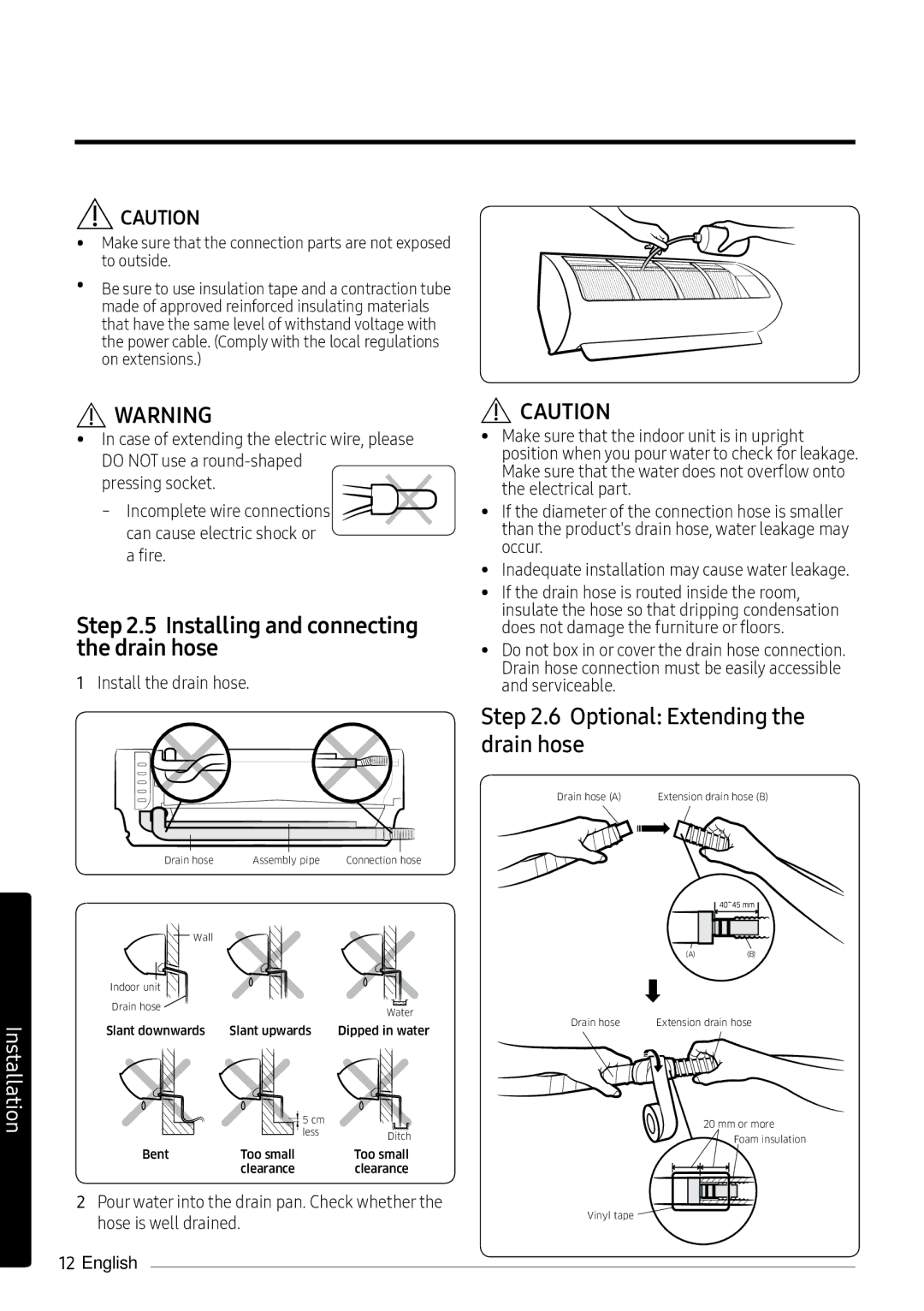 Samsung AR09MSPXAWKNEU, AR12MSPXASINEU Installing and connecting the drain hose, Optional Extending the drain hose, Fire 