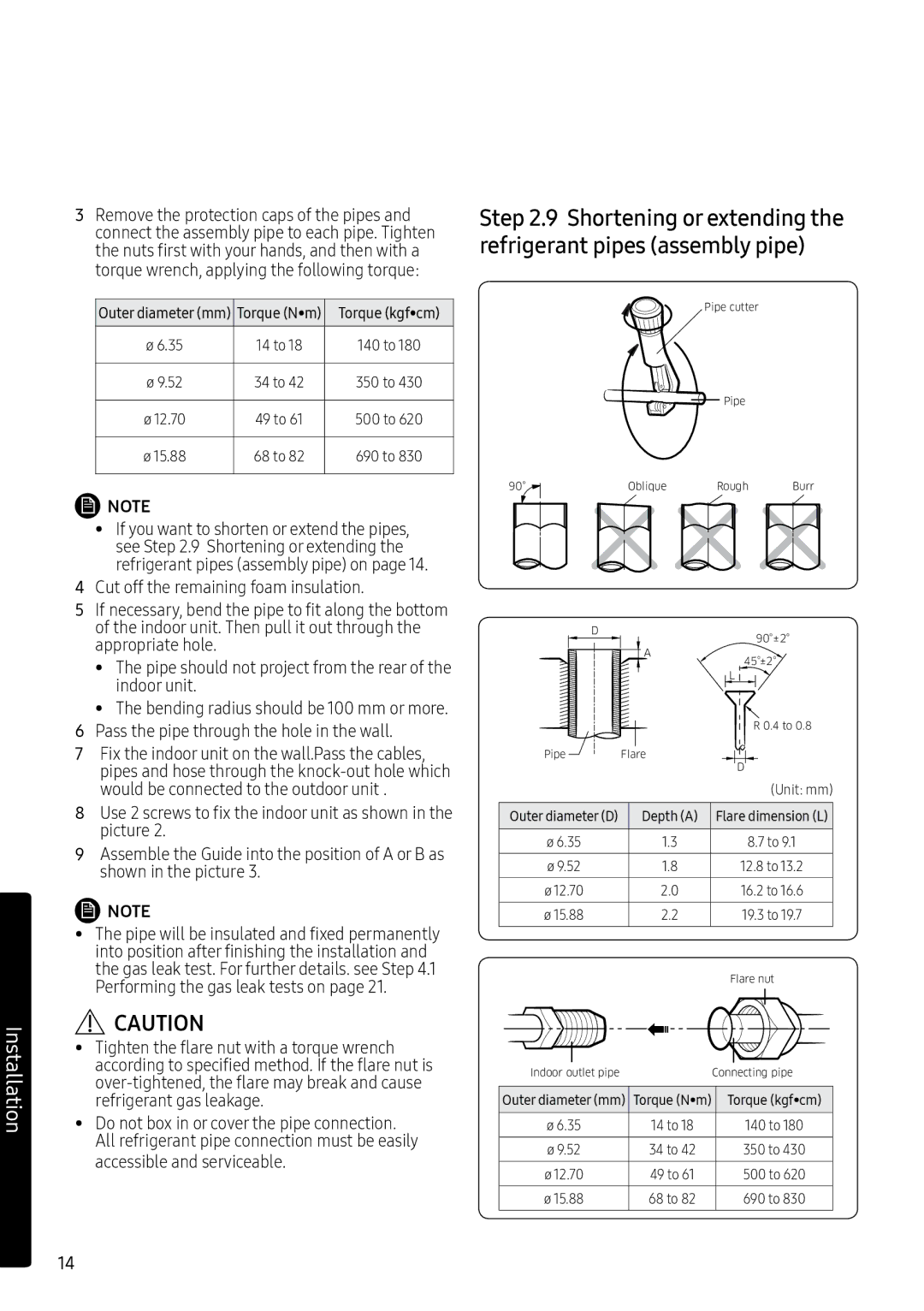 Samsung AR09MSPXASIXEU, AR12MSPXASINEU, AR09MSPXASINEU manual Shortening or extending the refrigerant pipes assembly pipe 