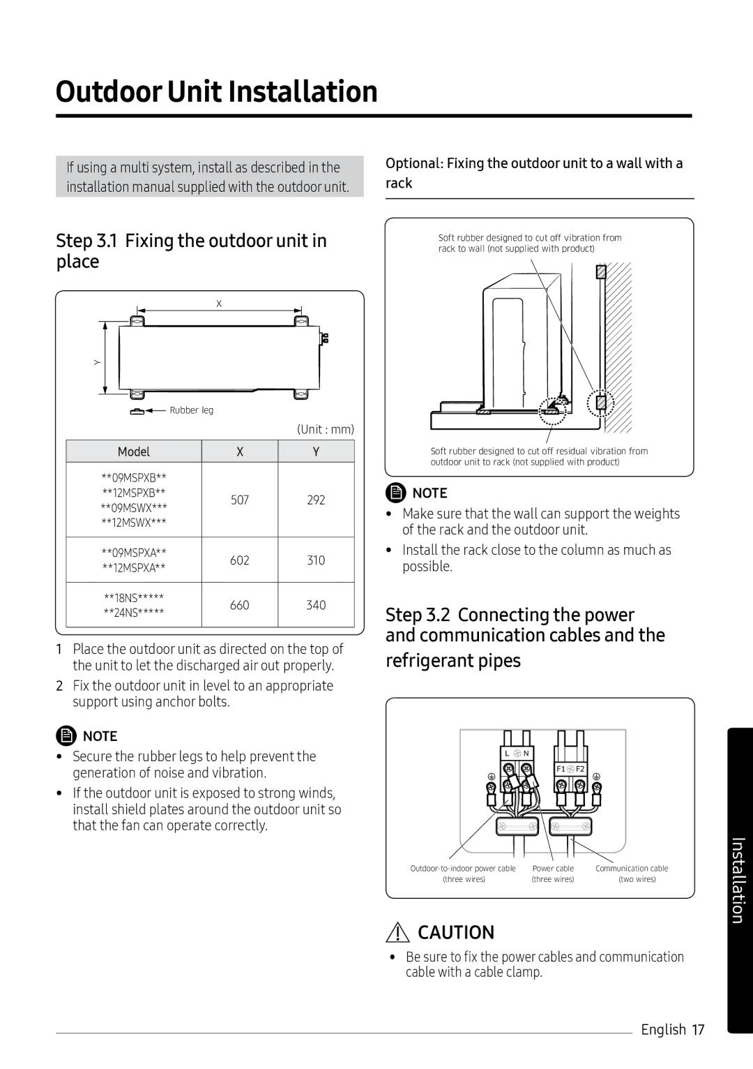 Samsung AR12MSPXAWKXEU, AR12MSPXASINEU manual Outdoor Unit Installation, Fixing the outdoor unit in place, Refrigerant pipes 