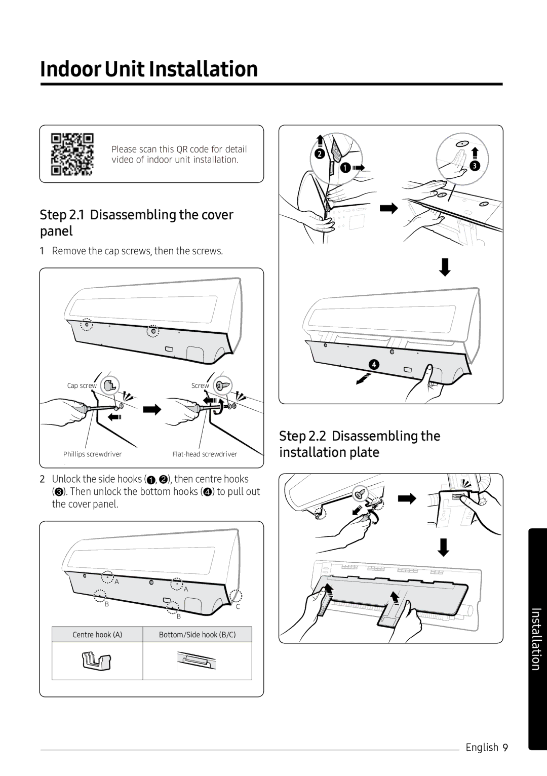 Samsung AR09MSPXAWKXEU, AR12MSPXASINEU manual Indoor Unit Installation, Disassembling the cover panel, Installation plate 