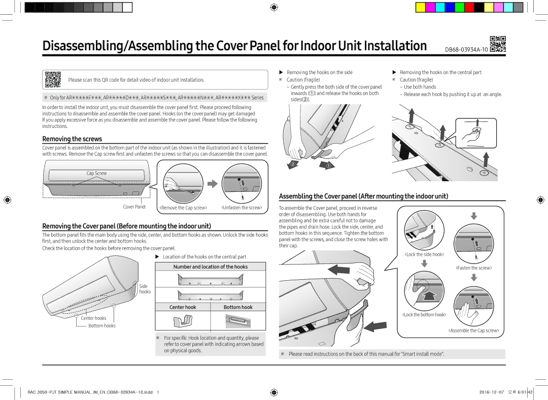 Samsung AR09MSPXASINEU, AR12MSPXASINEU manual Removing the screws, Removing the Coverpanel Before mounting the indoorunit 