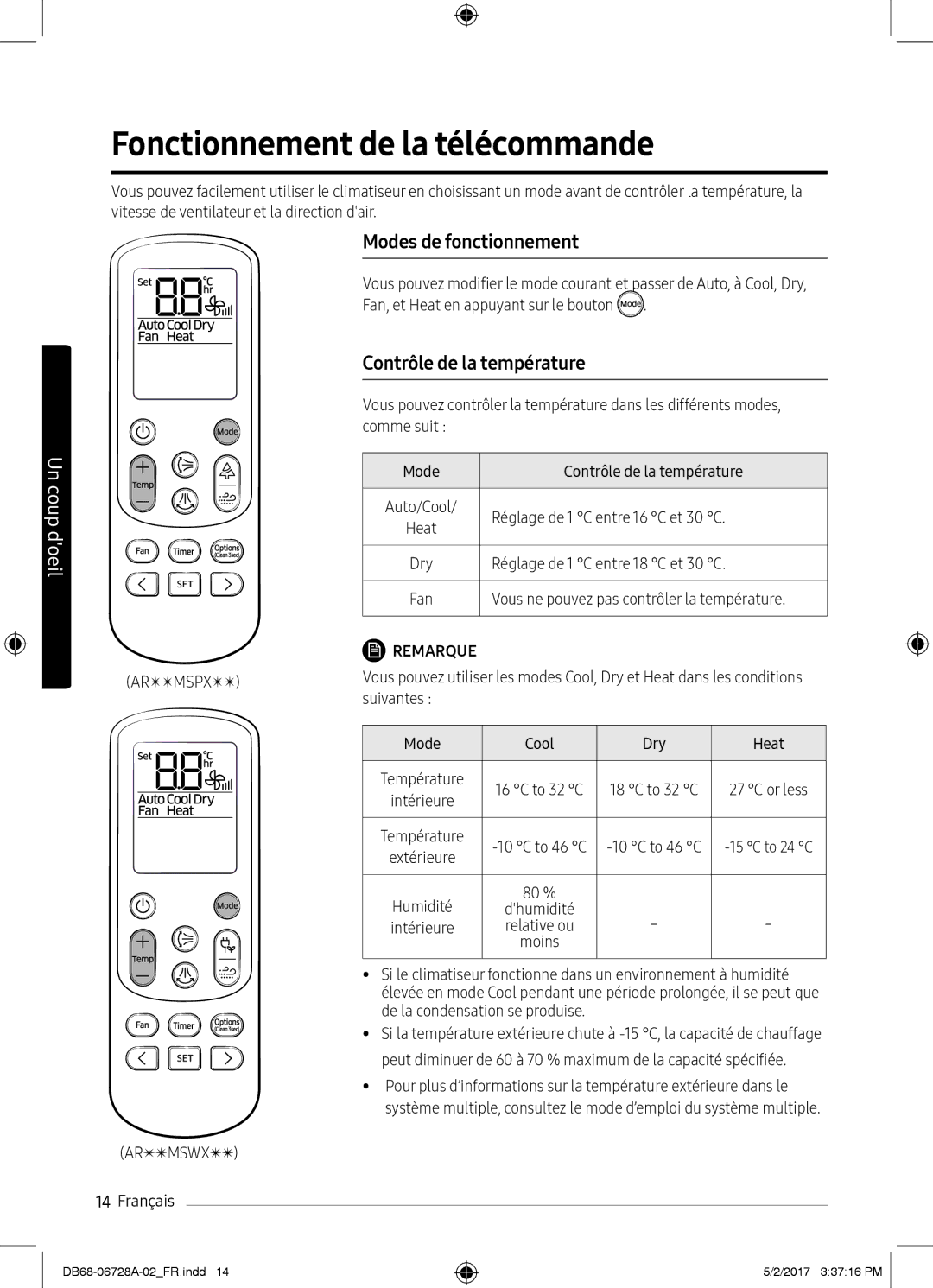 Samsung AR09MSPXASINEU manual Fonctionnement de la télécommande, Modes de fonctionnement, Contrôle de la température 