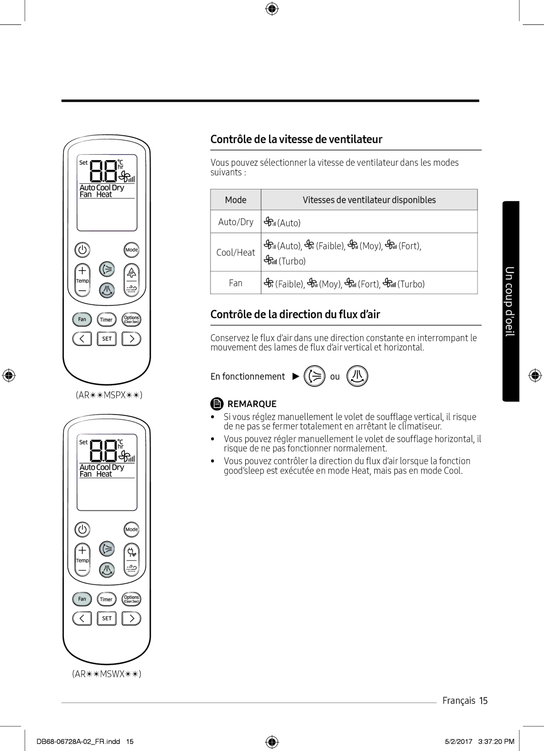 Samsung AR12MSPXBWKXEU, AR12MSPXASINEU manual Contrôle de la vitesse de ventilateur, Contrôle de la direction du flux d’air 