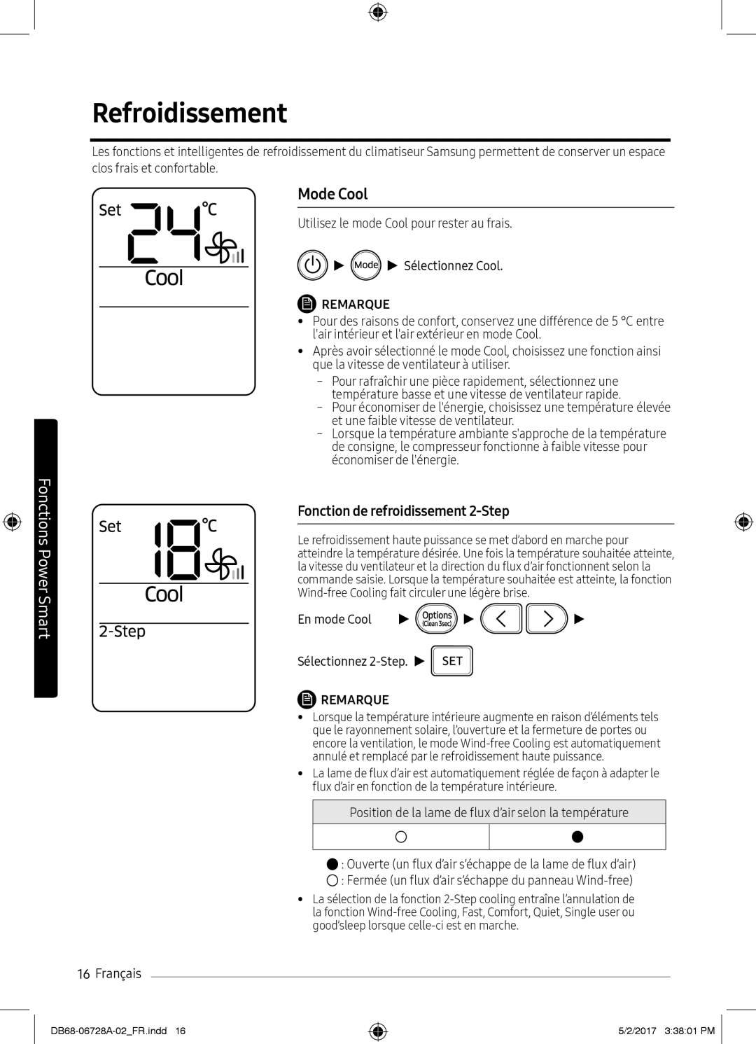 Samsung AR09MSPXBWKXEU, AR12MSPXASINEU, AR09MSPXASINEU manual Refroidissement, Mode Cool, En mode Cool Sélectionnez 2-Step 