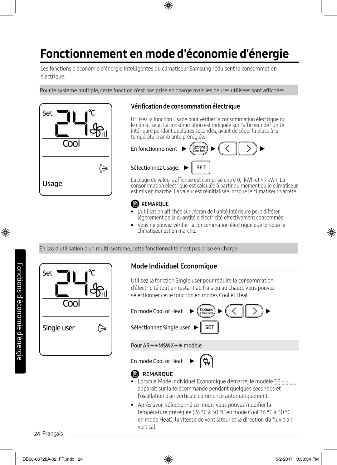 Samsung AR12MSPXBWKNEU, AR12MSPXASINEU Fonctionnement en mode déconomie dénergie, Vérification de consommation électrique 