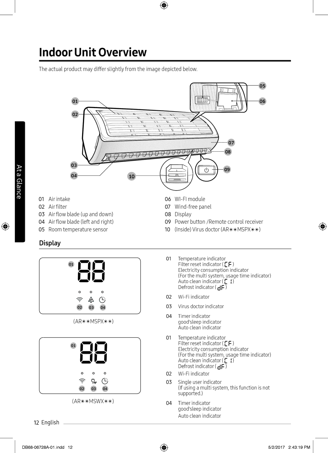 Samsung AR07MSWXBWKNEU, AR12MSPXASINEU, AR09MSPXASINEU manual Indoor Unit Overview, Display, Room temperature sensor 