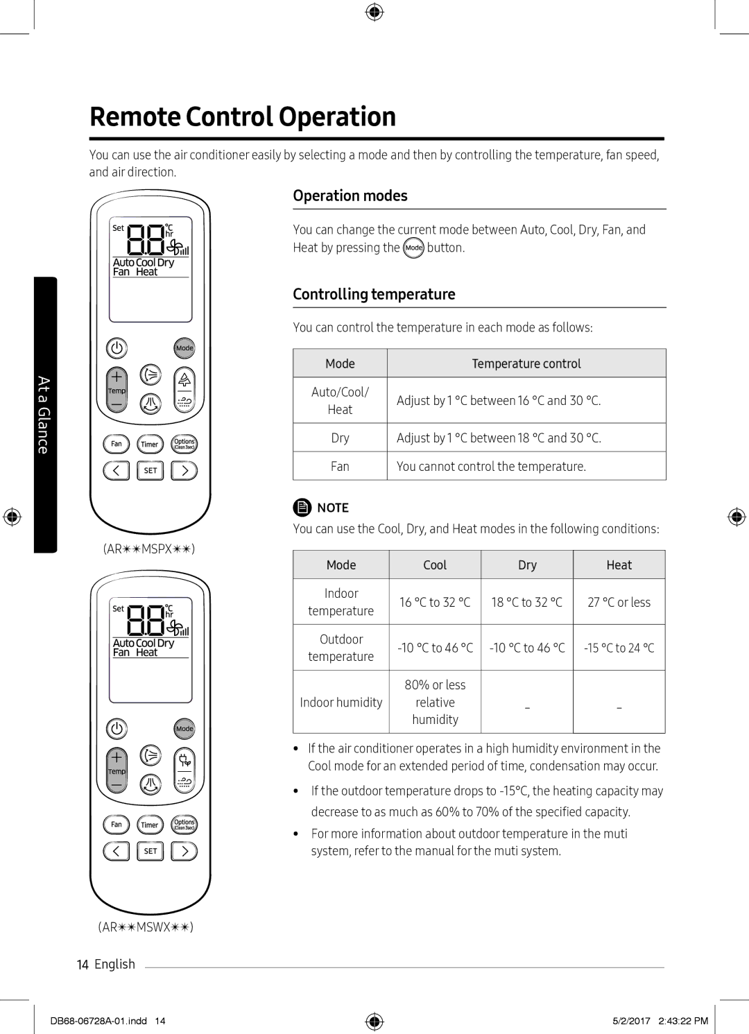 Samsung AR09MSWXBWKNEU, AR12MSPXASINEU, AR09MSPXASINEU Remote Control Operation, Operation modes, Controlling temperature 