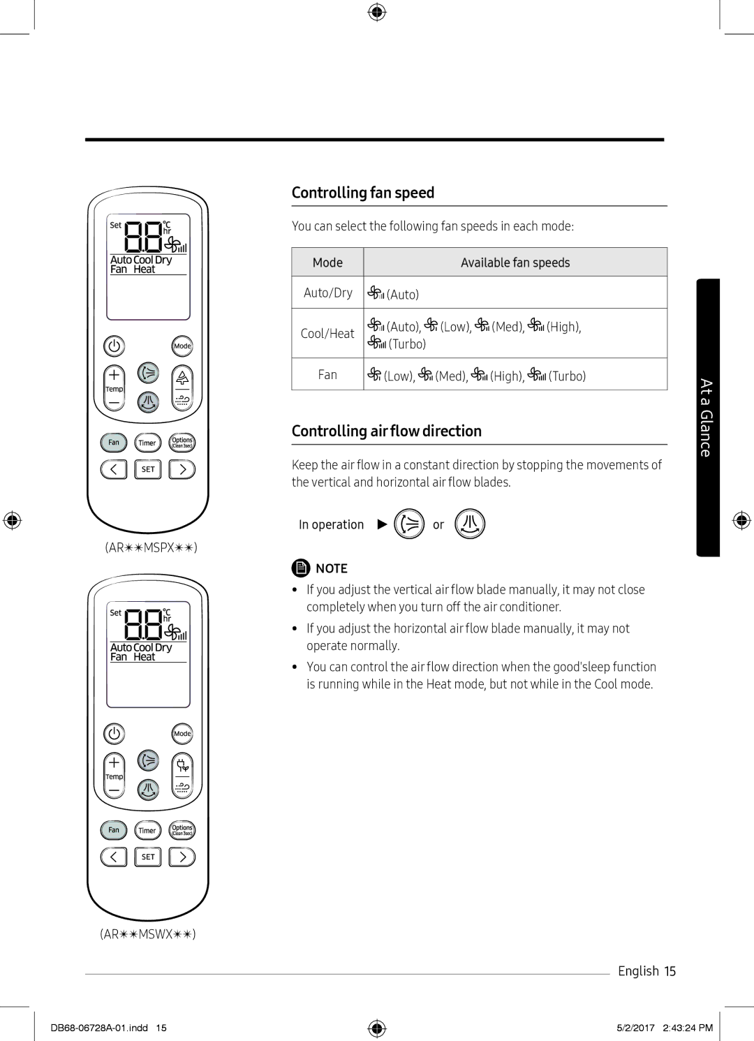 Samsung AR12MSWXBWKNEU, AR12MSPXASINEU, AR09MSPXASINEU, AR12MSPXBWKXEU Controlling fan speed, Controlling air flow direction 