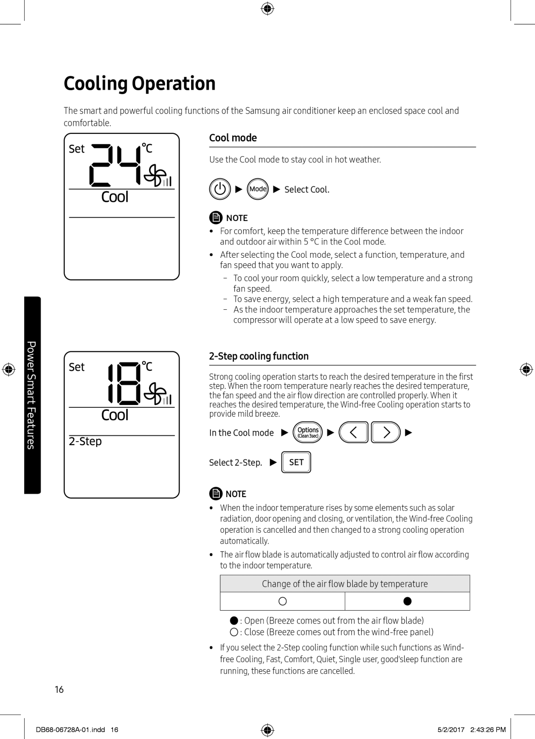 Samsung AR12MSPXAWKXEU, AR12MSPXASINEU, AR09MSPXASINEU manual Cooling Operation, Select Cool, Cool mode Select 2-Step 