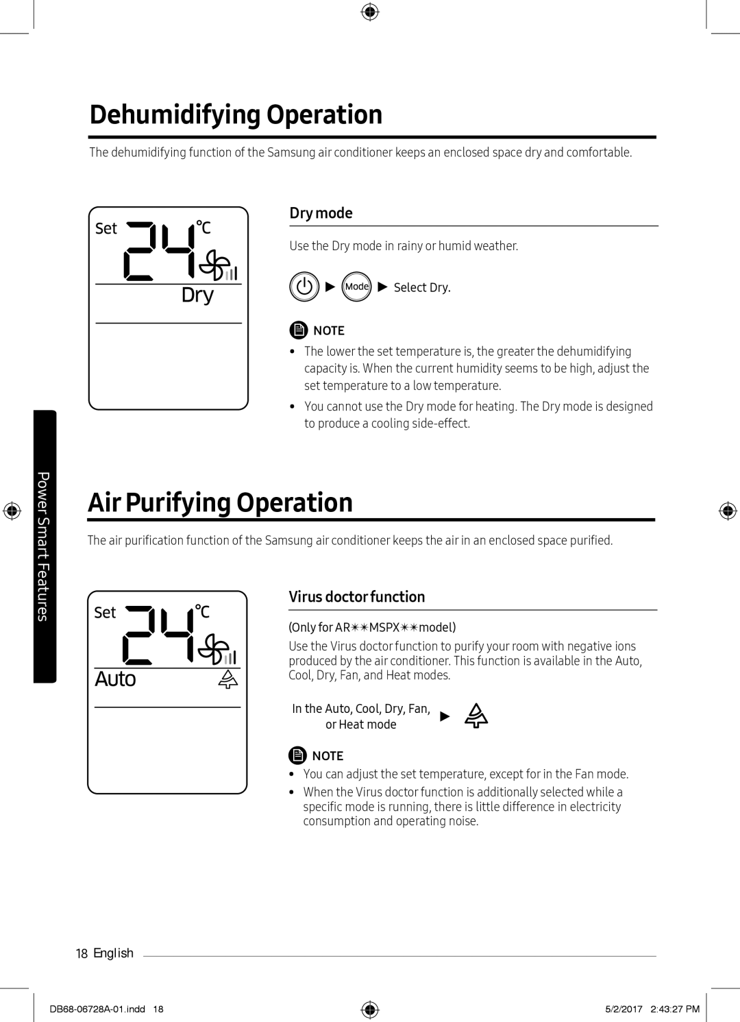 Samsung AR12MSPXASINEU, AR09MSPXASINEU Dehumidifying Operation, Air Purifying Operation, Dry mode, Virus doctor function 