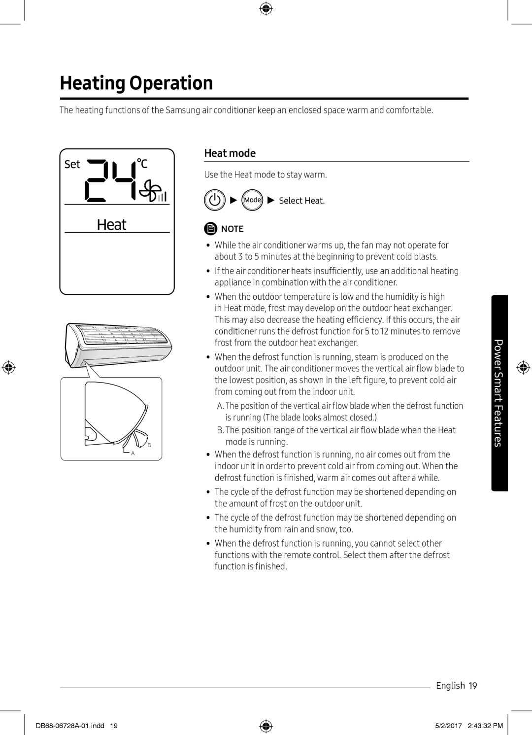 Samsung AR09MSPXASINEU, AR12MSPXASINEU Heating Operation, Use the Heat mode to stay warm Select Heat, Mode is running 