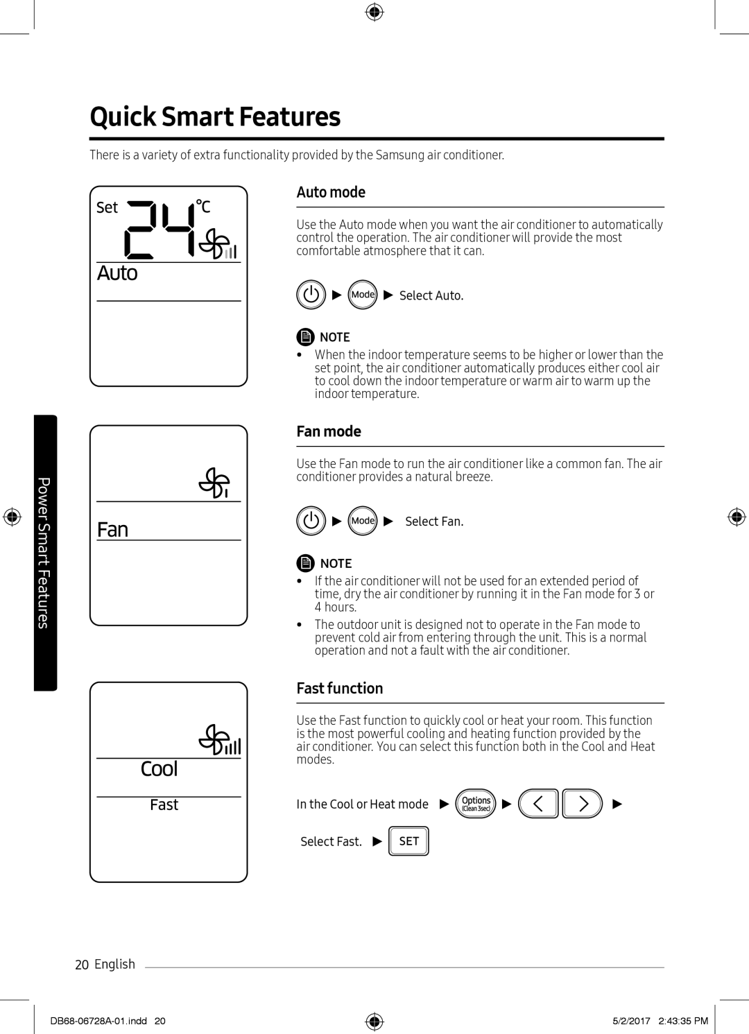 Samsung AR12MSPXBWKXEU, AR12MSPXASINEU, AR09MSPXASINEU manual Quick Smart Features, Auto mode, Fan mode, Fast function 