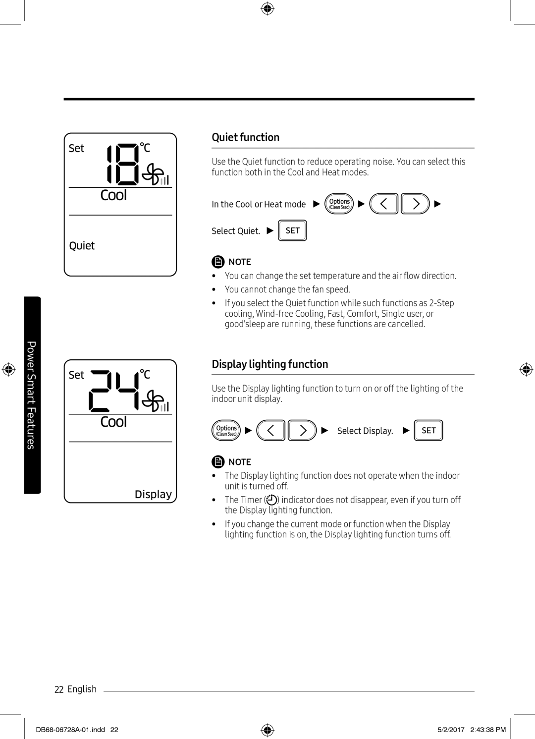 Samsung AR12MSPXBWKNEU, AR12MSPXASINEU, AR09MSPXASINEU, AR12MSPXBWKXEU manual Quiet function, Display lighting function 