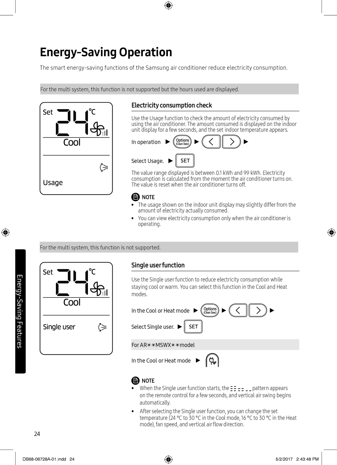 Samsung AR07MSPXBWKNEU Energy-Saving Operation, Electricity consumption check, Single userfunction, Operation Select Usage 