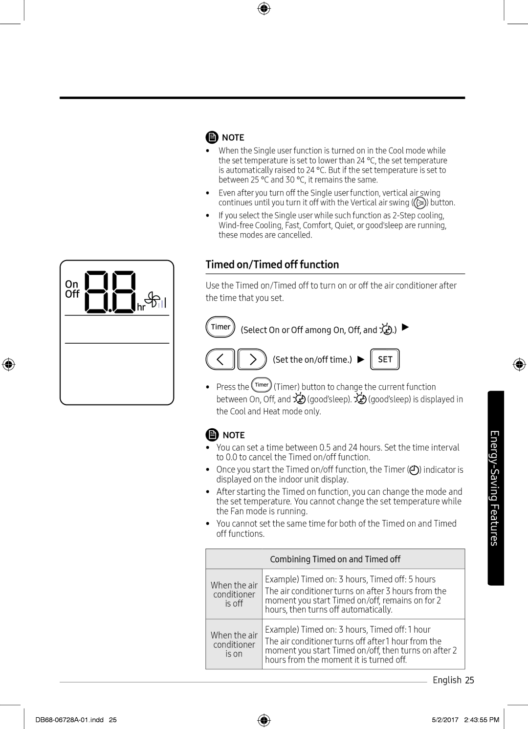 Samsung AR12MSPXAWKNEU, AR12MSPXASINEU, AR09MSPXASINEU, AR12MSPXBWKXEU, AR09MSPXBWKXEU manual Timed on/Timed off function 