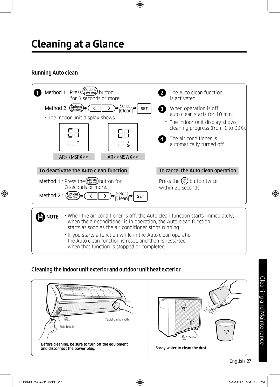 Samsung AR09MSPXAWKXEU manual Running Auto clean, Method 1 Press button for 3 seconds or more, Indoor unit display shows 