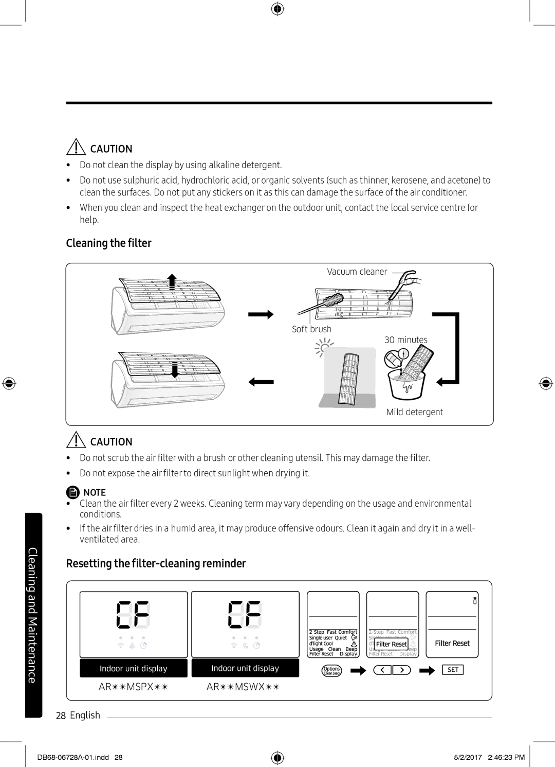 Samsung AR12MSWXBWKXEU, AR12MSPXASINEU, AR09MSPXASINEU manual Cleaning the filter, Resetting the filter-cleaning reminder 