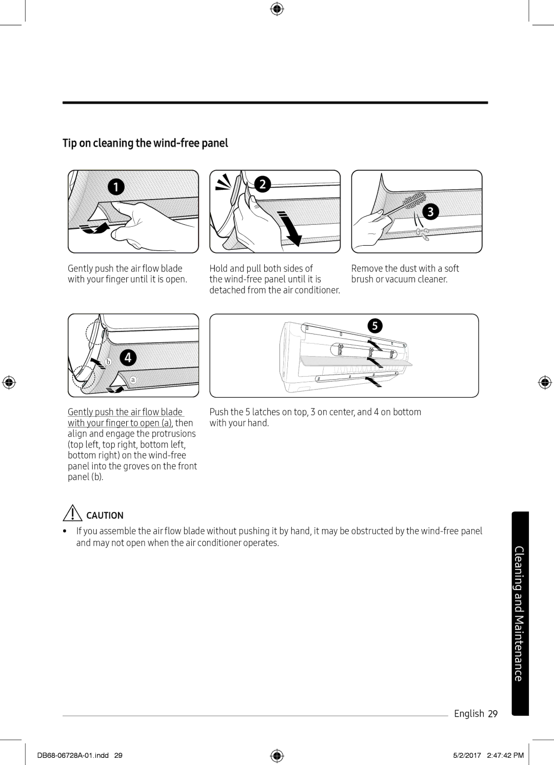 Samsung AR07MSPXAWKNEU manual Tip on cleaning the wind-free panel, Gently push the air flow blade Hold and pull both sides 