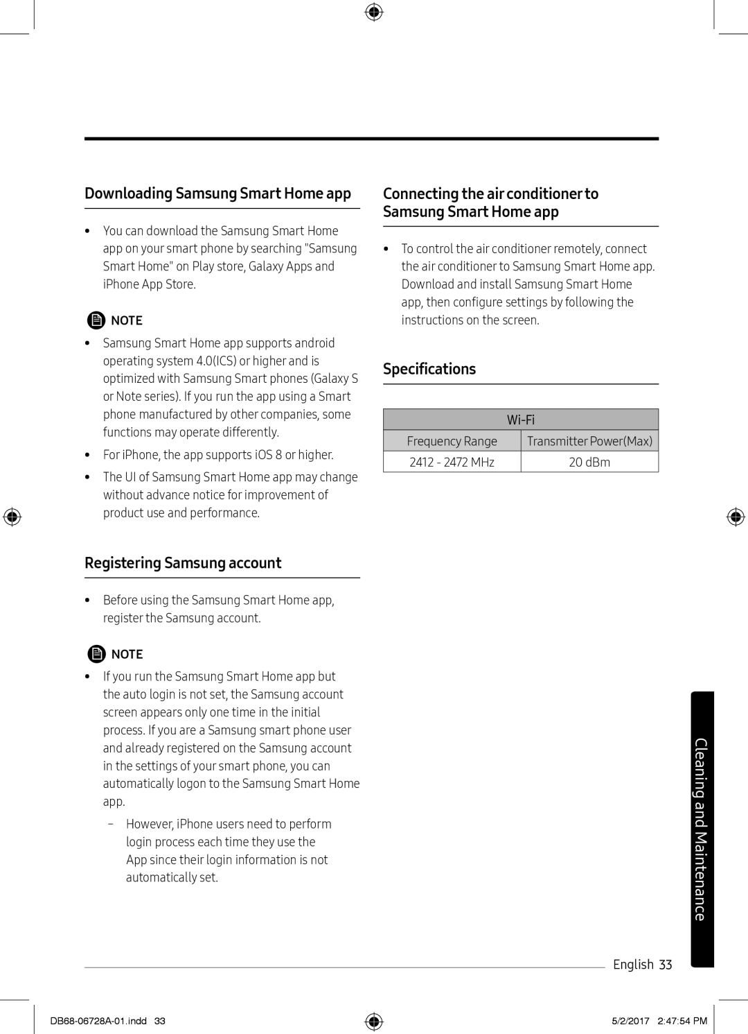 Samsung AR09MSWXBWKNEU Specifications, Registering Samsung account, For iPhone, the app supports iOS 8 or higher, Wi-Fi 