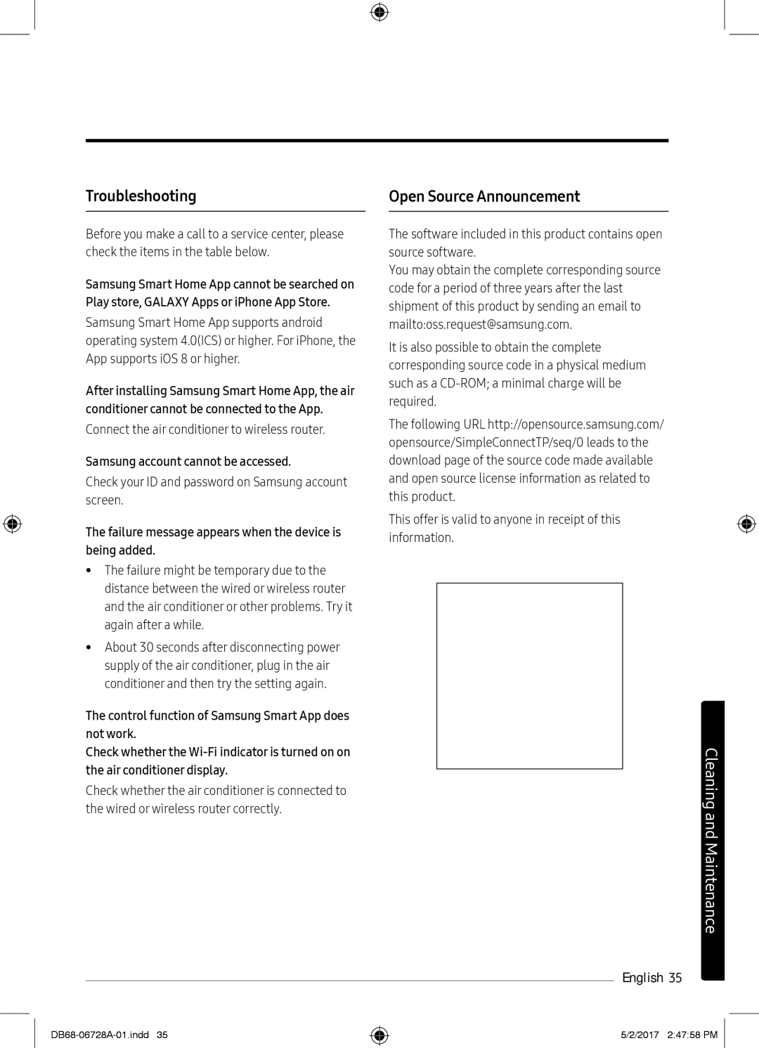 Samsung AR12MSPXAWKXEU manual Troubleshooting, Open Source Announcement, Connect the air conditioner to wireless router 