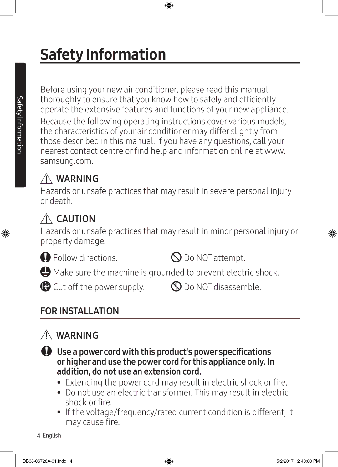 Samsung AR09MSPXBWKNEU, AR12MSPXASINEU, AR09MSPXASINEU, AR12MSPXBWKXEU, AR09MSPXBWKXEU, AR12MSPXBWKNEU manual Safety Information 