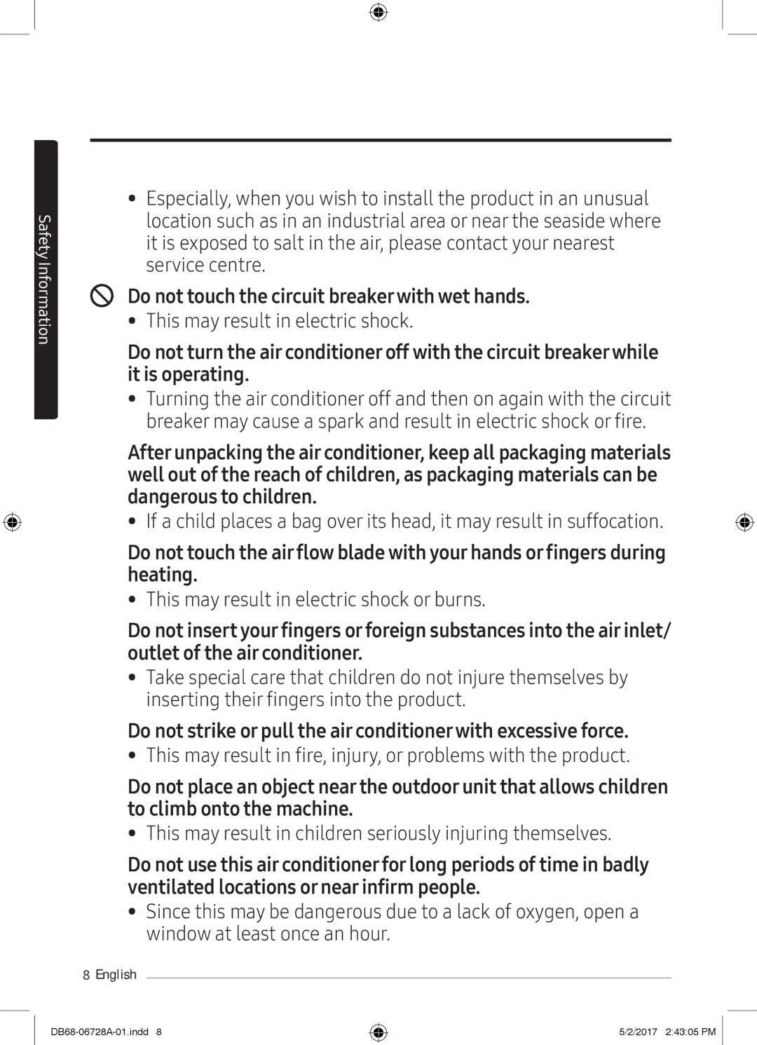 Samsung AR09MSPXAWKXEU, AR12MSPXASINEU, AR09MSPXASINEU, AR12MSPXBWKXEU manual Do not touch the circuit breakerwith wet hands 