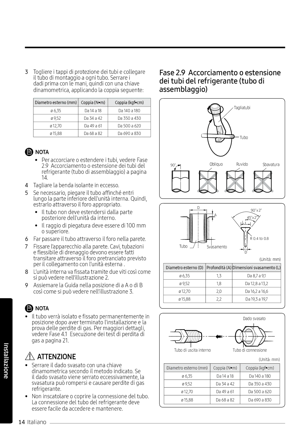 Samsung AR09MSPXASIXEU, AR12MSPXASINEU, AR09MSPXASINEU manual Il raggio di piegatura deve essere di 100 mm o superiore 