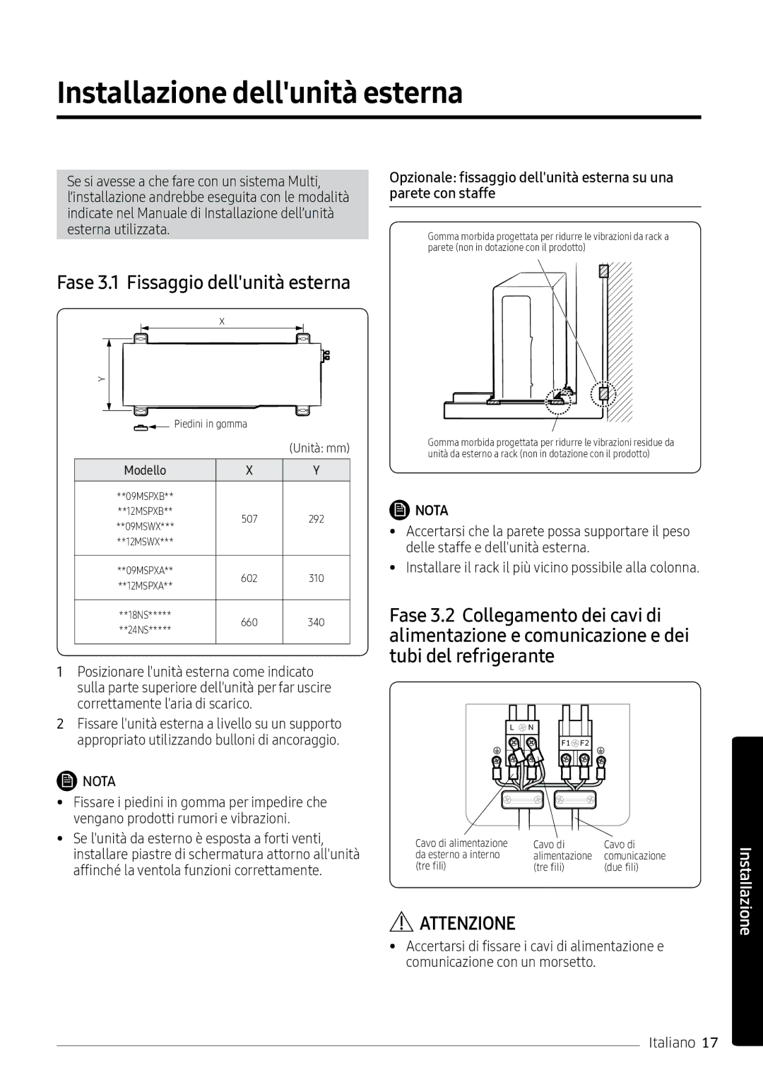 Samsung AR12MSPXAWKXEU, AR12MSPXASINEU manual Installazione dellunità esterna, Fase 3.1 Fissaggio dellunità esterna 