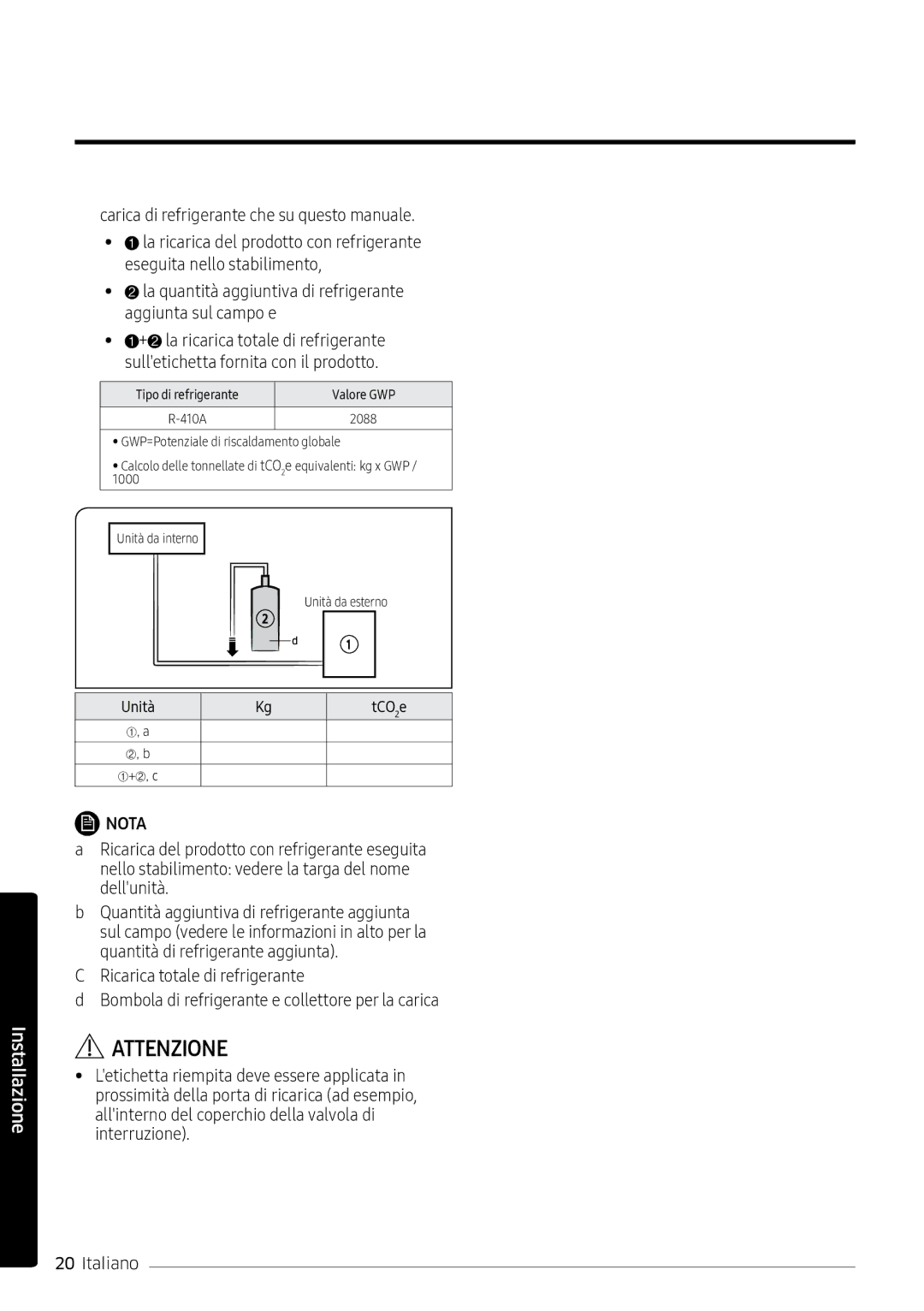 Samsung AR09MSPXASINEU, AR12MSPXASINEU, AR12MSPXBWKXEU, AR09MSPXBWKXEU Carica di refrigerante che su questo manuale 