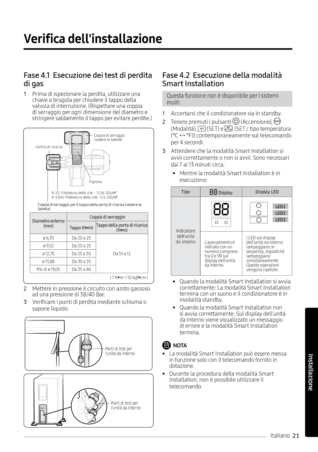 Samsung AR12MSPXBWKXEU, AR12MSPXASINEU manual Verifica dellinstallazione, Fase 4.1 Esecuzione dei test di perdita di gas 