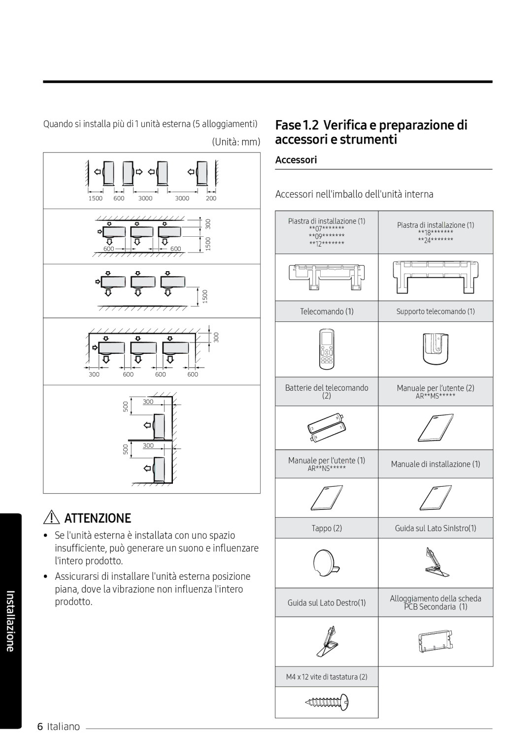 Samsung AR07MSPXBWKNEU, AR12MSPXASINEU manual Fase 1.2 Verifica e preparazione di accessori e strumenti, Unità mm, Accessori 