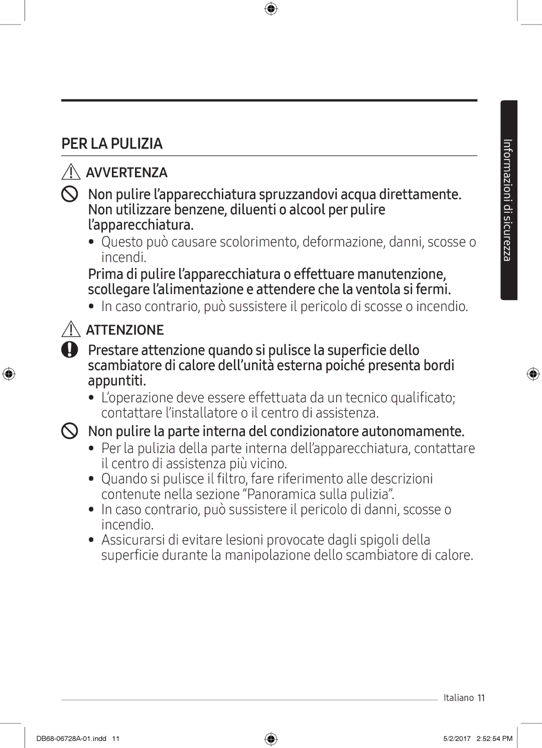 Samsung AR09MSPXAWKNEU, AR12MSPXASINEU, AR09MSPXASINEU, AR12MSPXBWKXEU, AR09MSPXBWKXEU, AR12MSPXBWKNEU manual PER LA Pulizia 