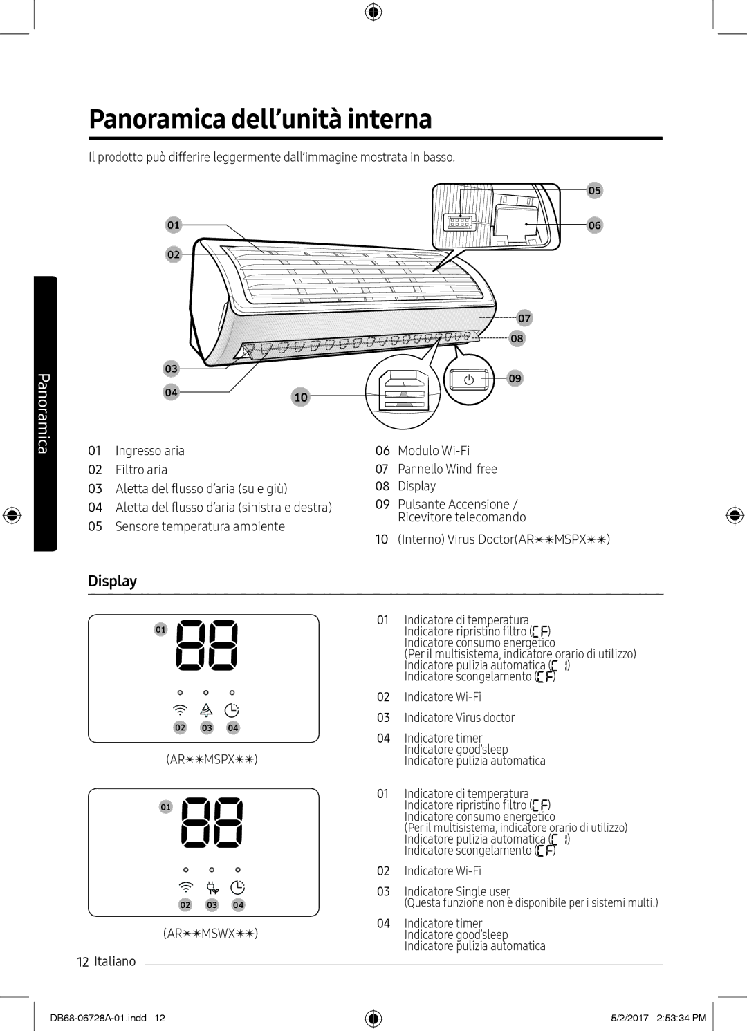 Samsung AR07MSWXBWKNEU, AR12MSPXASINEU, AR09MSPXASINEU manual Panoramica dell’unità interna, Display, Arttmspxtt, Arttmswxtt 