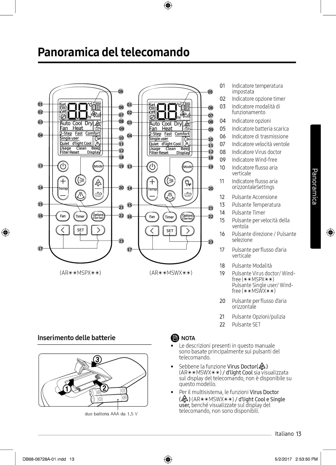 Samsung AR09MSPXASIXEU, AR12MSPXASINEU manual Panoramica del telecomando, Inserimento delle batterie, Arttmspxtt Arttmswxtt 