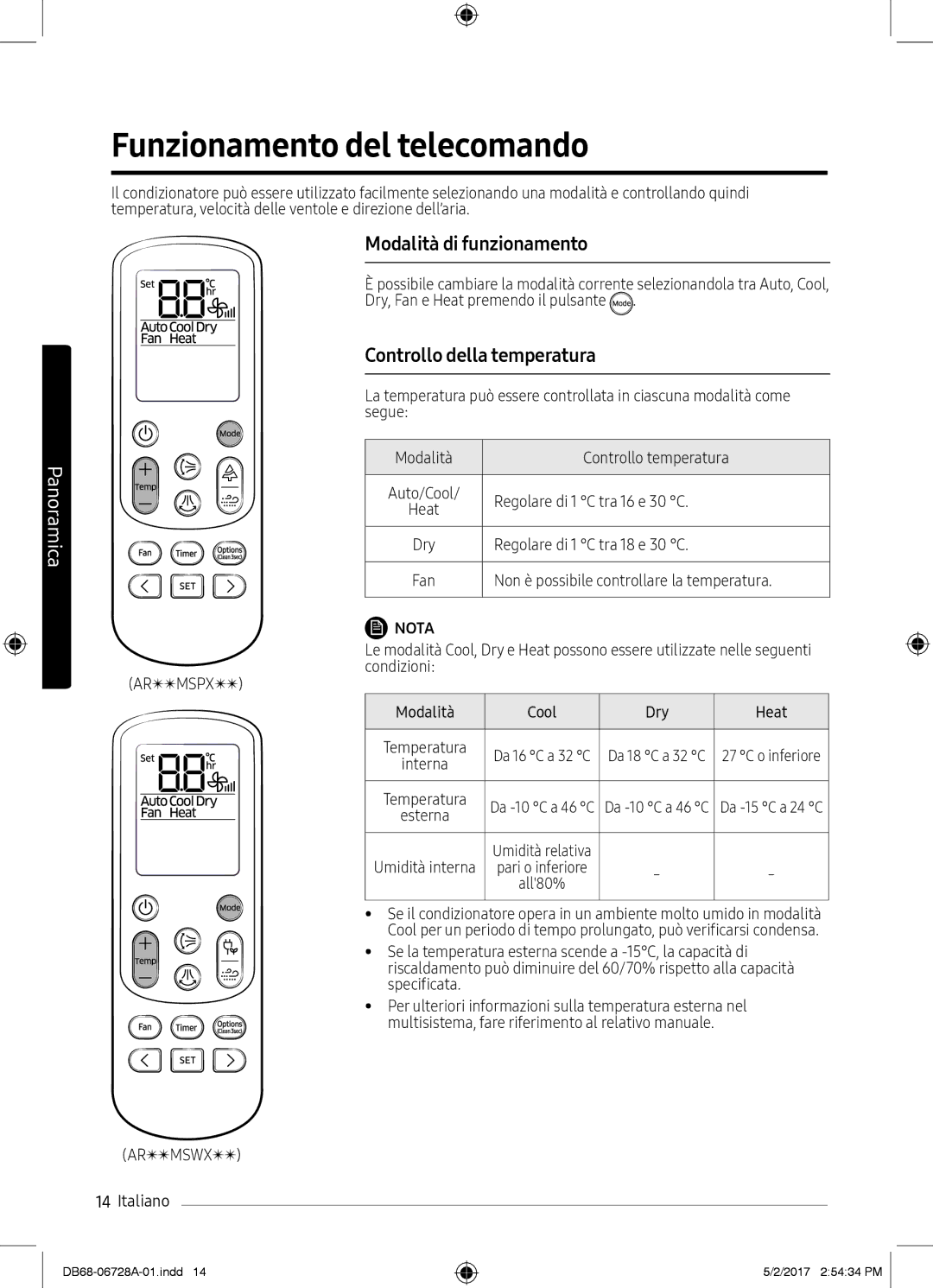 Samsung AR09MSWXBWKNEU manual Funzionamento del telecomando, Modalità di funzionamento, Controllo della temperatura 