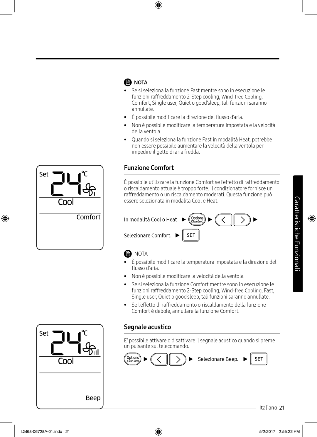 Samsung AR09MSPXBWKXEU, AR12MSPXASINEU Funzione Comfort, Segnale acustico, Modalità Cool o Heat Selezionare Comfort, Nota 